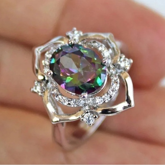 New 18K White Gold Natural Mystic Rainbow Topaz Halo Diamond Color Changing Ring - Picture 3 of 11